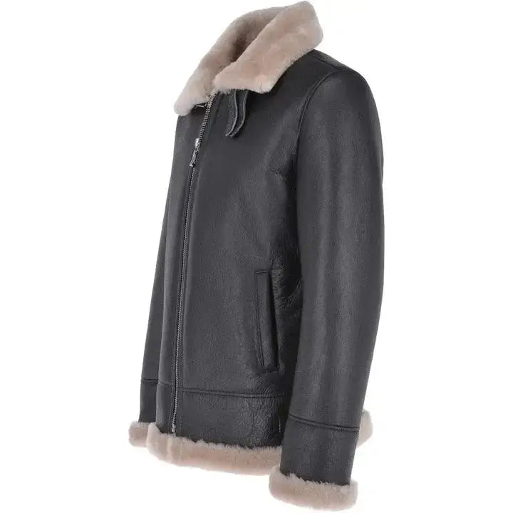 Men’s Black Leather Bomber Jacket with Brown Shearling-3