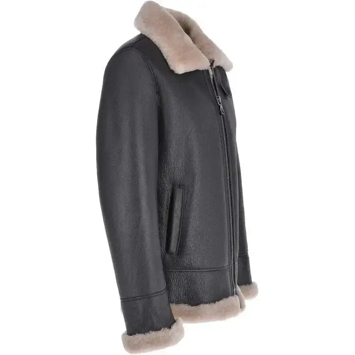 Men’s Black Leather Bomber Jacket with Brown Shearling-2