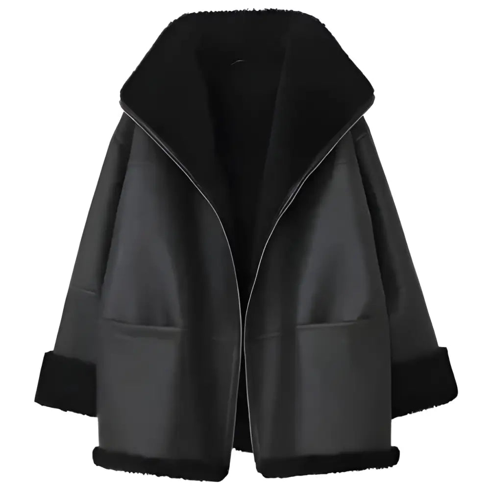 Women's Black Oversized Shearling Leather Jacket-0
