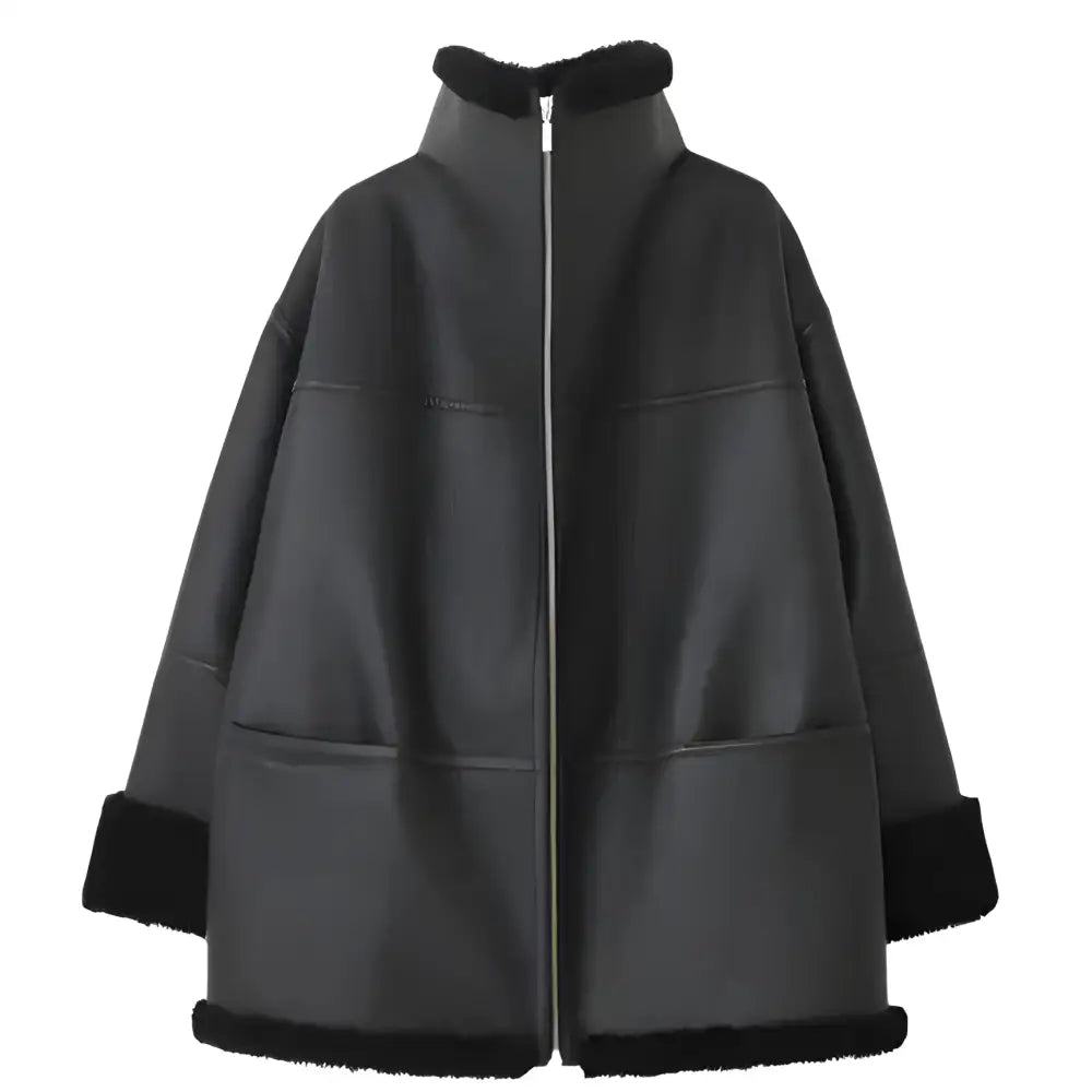 Women's Black Oversized Shearling Leather Jacket-1