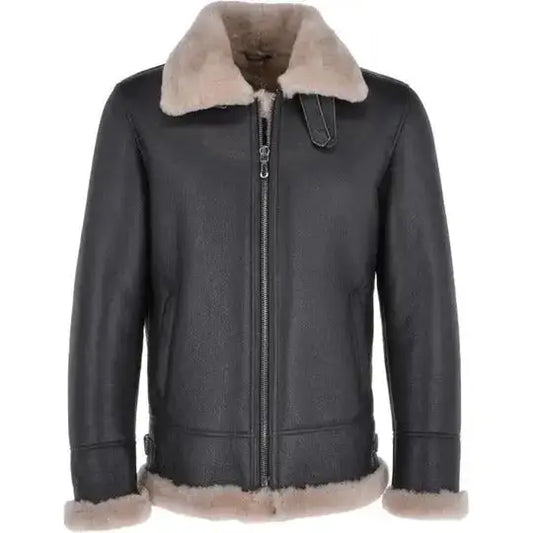 Men’s Black Leather Bomber Jacket with Brown Shearling-0