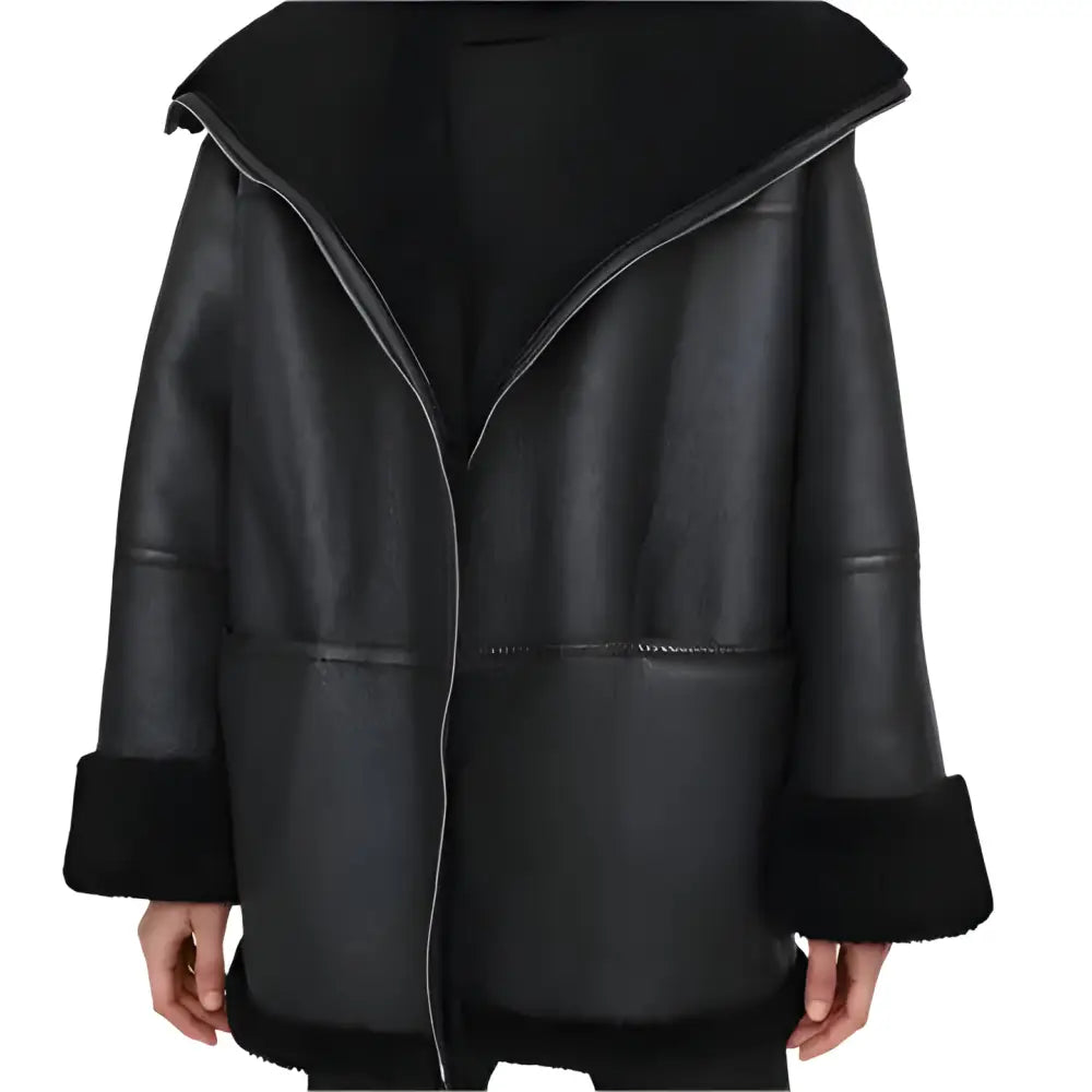 Women's Black Oversized Shearling Leather Jacket-2