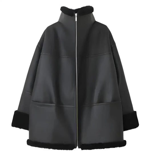 Women's Black Oversized Shearling Leather Jacket-1